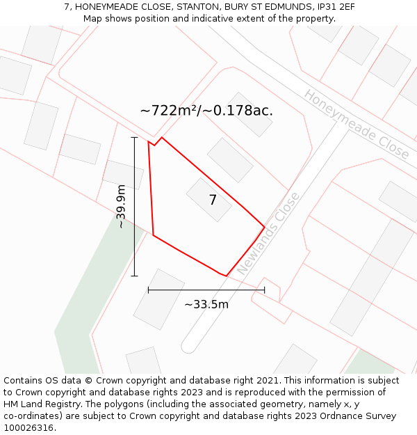 7, HONEYMEADE CLOSE, STANTON, BURY ST EDMUNDS, IP31 2EF: Plot and title map