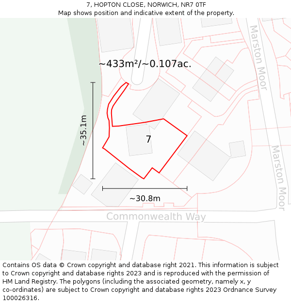 7, HOPTON CLOSE, NORWICH, NR7 0TF: Plot and title map