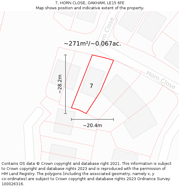 7, HORN CLOSE, OAKHAM, LE15 6FE: Plot and title map