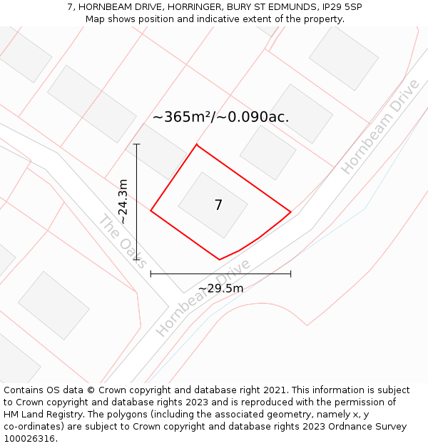 7, HORNBEAM DRIVE, HORRINGER, BURY ST EDMUNDS, IP29 5SP: Plot and title map