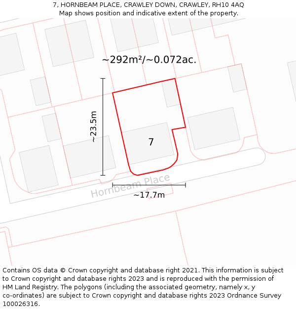 7, HORNBEAM PLACE, CRAWLEY DOWN, CRAWLEY, RH10 4AQ: Plot and title map