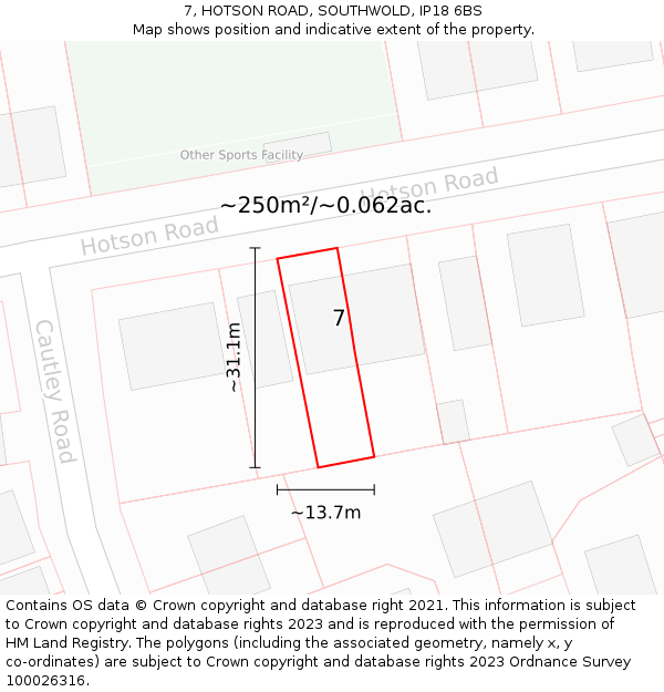 7, HOTSON ROAD, SOUTHWOLD, IP18 6BS: Plot and title map