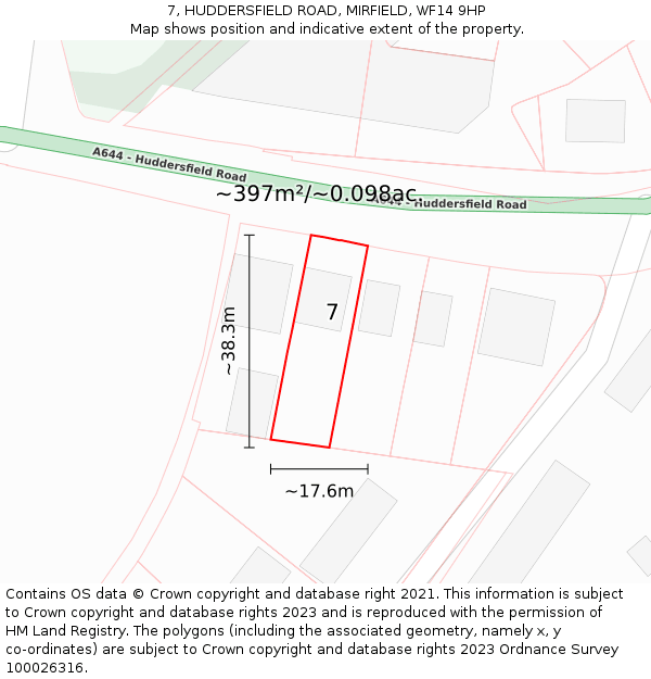 7, HUDDERSFIELD ROAD, MIRFIELD, WF14 9HP: Plot and title map