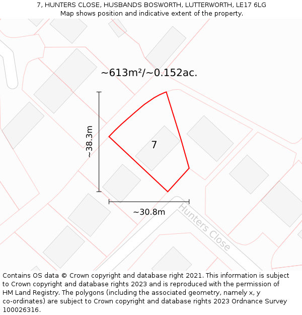 7, HUNTERS CLOSE, HUSBANDS BOSWORTH, LUTTERWORTH, LE17 6LG: Plot and title map