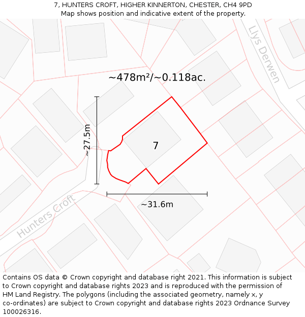 7, HUNTERS CROFT, HIGHER KINNERTON, CHESTER, CH4 9PD: Plot and title map