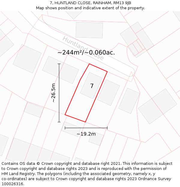 7, HUNTLAND CLOSE, RAINHAM, RM13 9JB: Plot and title map