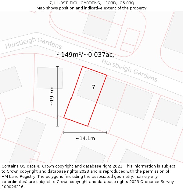 7, HURSTLEIGH GARDENS, ILFORD, IG5 0RQ: Plot and title map