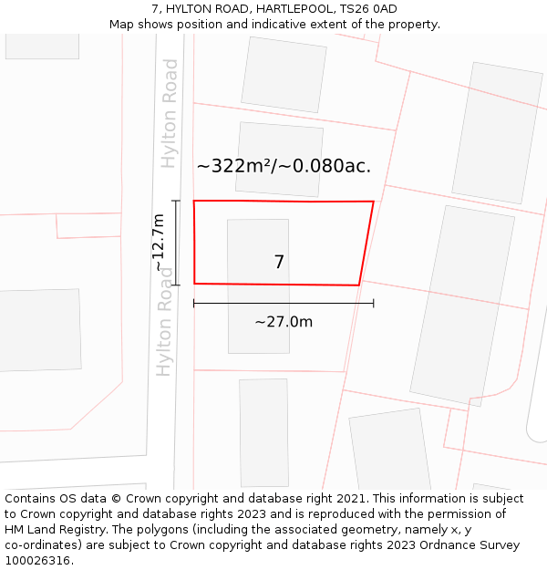 7, HYLTON ROAD, HARTLEPOOL, TS26 0AD: Plot and title map