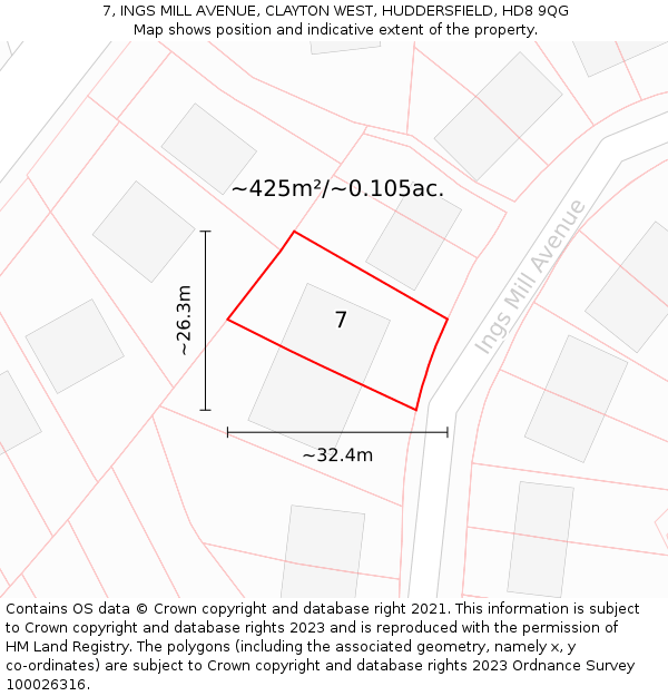 7, INGS MILL AVENUE, CLAYTON WEST, HUDDERSFIELD, HD8 9QG: Plot and title map