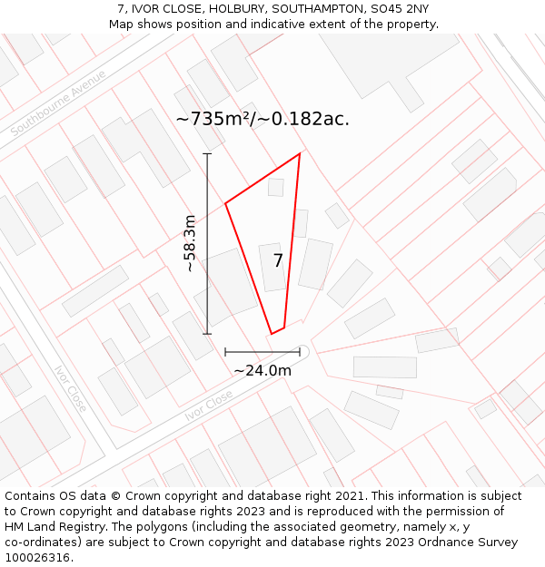 7, IVOR CLOSE, HOLBURY, SOUTHAMPTON, SO45 2NY: Plot and title map