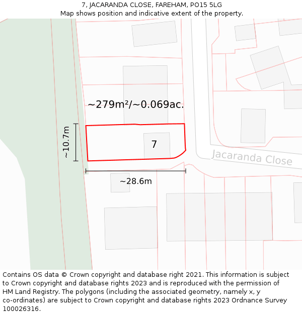 7, JACARANDA CLOSE, FAREHAM, PO15 5LG: Plot and title map