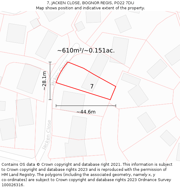 7, JACKEN CLOSE, BOGNOR REGIS, PO22 7DU: Plot and title map