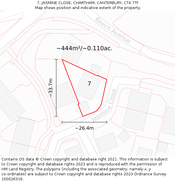 7, JASMINE CLOSE, CHARTHAM, CANTERBURY, CT4 7TF: Plot and title map