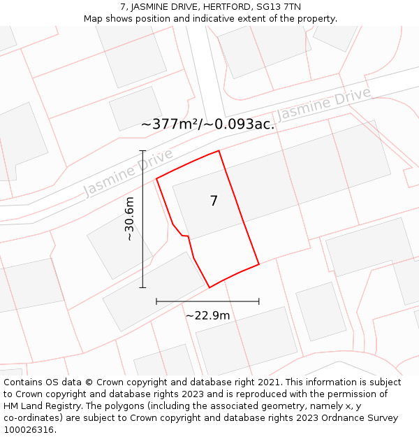 7, JASMINE DRIVE, HERTFORD, SG13 7TN: Plot and title map