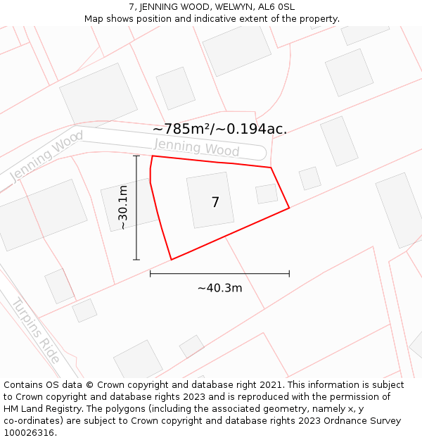 7, JENNING WOOD, WELWYN, AL6 0SL: Plot and title map