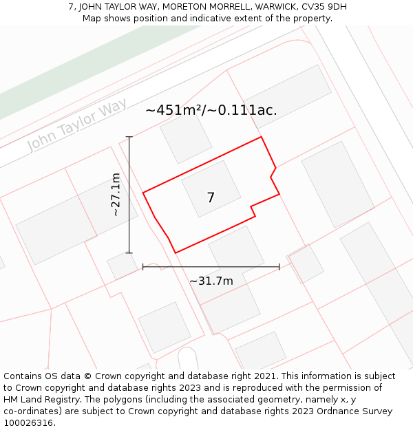 7, JOHN TAYLOR WAY, MORETON MORRELL, WARWICK, CV35 9DH: Plot and title map