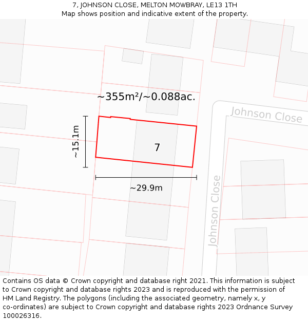 7, JOHNSON CLOSE, MELTON MOWBRAY, LE13 1TH: Plot and title map