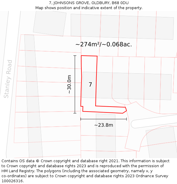 7, JOHNSONS GROVE, OLDBURY, B68 0DU: Plot and title map