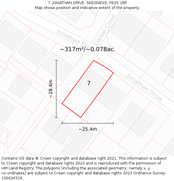 7, JONATHAN DRIVE, SKEGNESS, PE25 1RR: Plot and title map