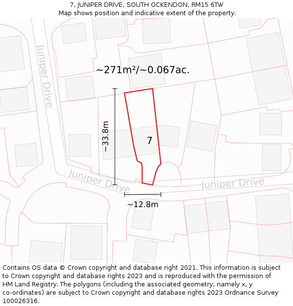 7, JUNIPER DRIVE, SOUTH OCKENDON, RM15 6TW: Plot and title map