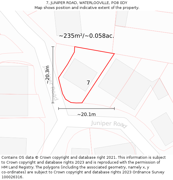 7, JUNIPER ROAD, WATERLOOVILLE, PO8 0DY: Plot and title map