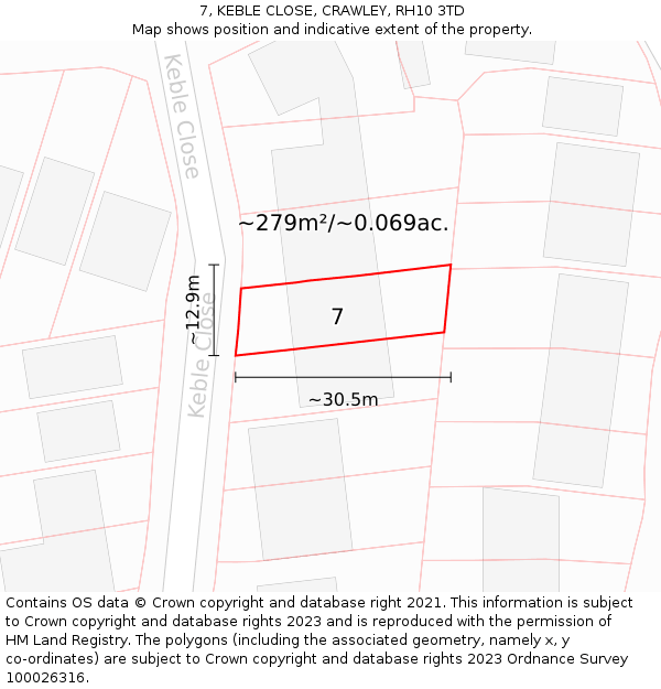 7, KEBLE CLOSE, CRAWLEY, RH10 3TD: Plot and title map