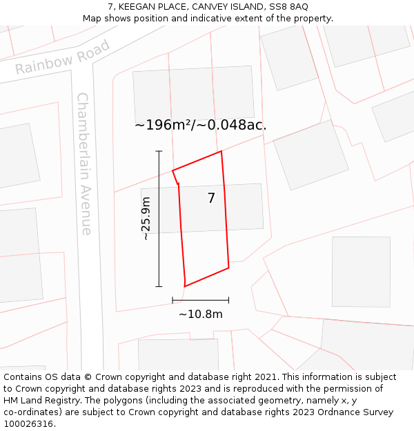 7, KEEGAN PLACE, CANVEY ISLAND, SS8 8AQ: Plot and title map