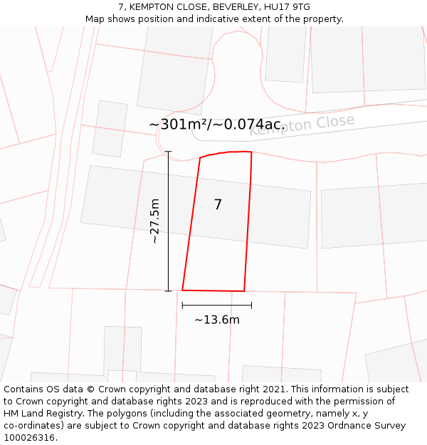 7, KEMPTON CLOSE, BEVERLEY, HU17 9TG: Plot and title map