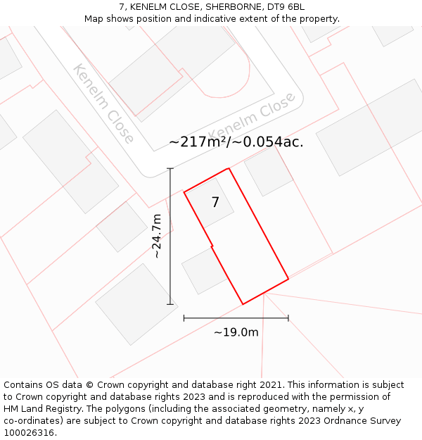 7, KENELM CLOSE, SHERBORNE, DT9 6BL: Plot and title map