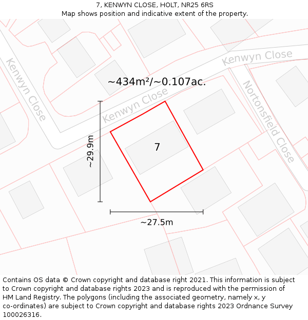 7, KENWYN CLOSE, HOLT, NR25 6RS: Plot and title map