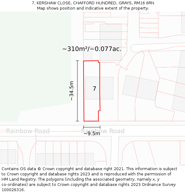 7, KERSHAW CLOSE, CHAFFORD HUNDRED, GRAYS, RM16 6RN: Plot and title map