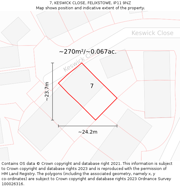 7, KESWICK CLOSE, FELIXSTOWE, IP11 9NZ: Plot and title map