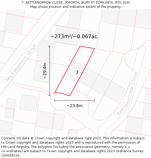 7, KETTLEBORROW CLOSE, IXWORTH, BURY ST EDMUNDS, IP31 2UN: Plot and title map