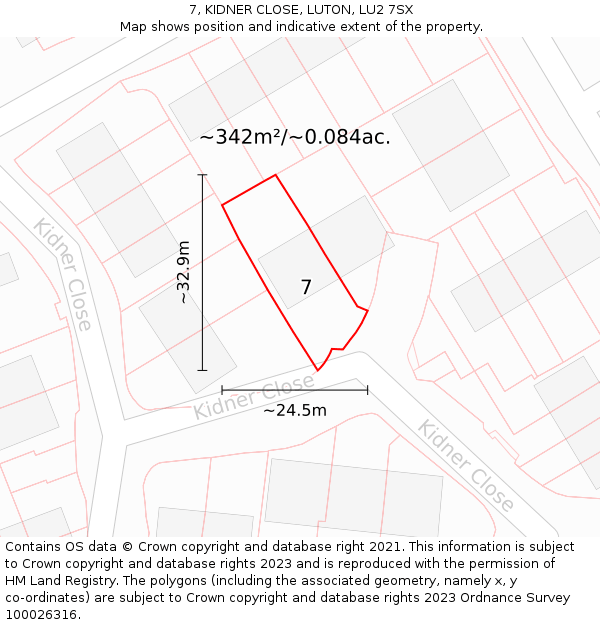 7, KIDNER CLOSE, LUTON, LU2 7SX: Plot and title map