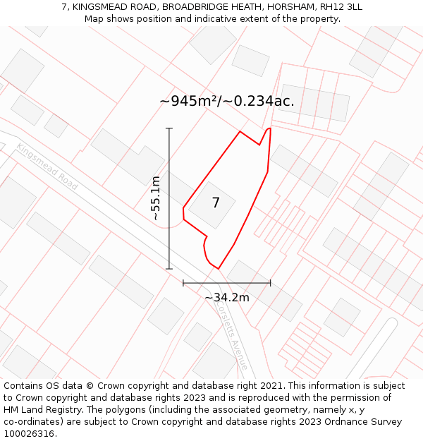 7, KINGSMEAD ROAD, BROADBRIDGE HEATH, HORSHAM, RH12 3LL: Plot and title map