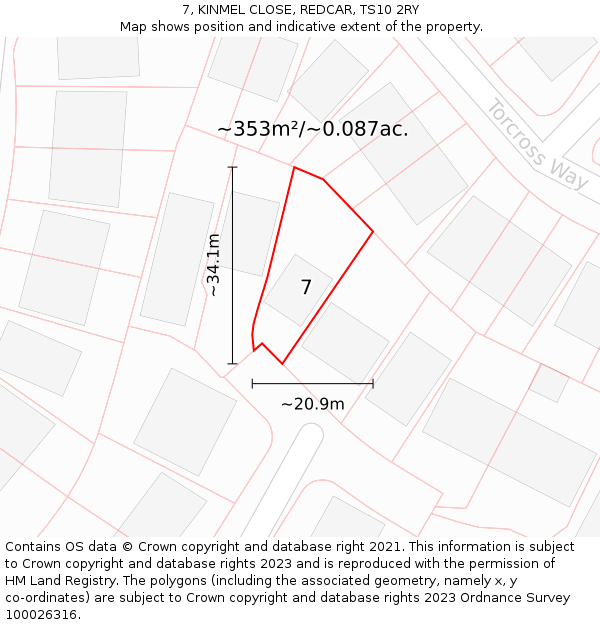 7, KINMEL CLOSE, REDCAR, TS10 2RY: Plot and title map