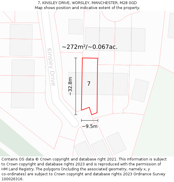 7, KINSLEY DRIVE, WORSLEY, MANCHESTER, M28 0GD: Plot and title map