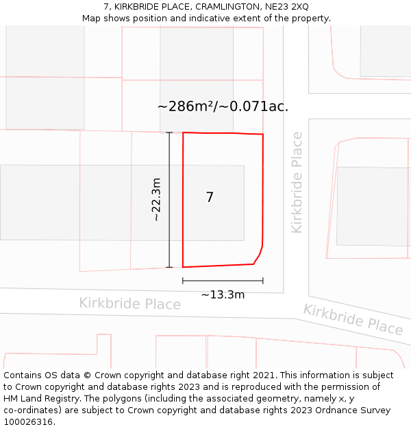 7, KIRKBRIDE PLACE, CRAMLINGTON, NE23 2XQ: Plot and title map