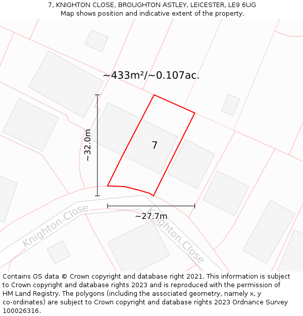 7, KNIGHTON CLOSE, BROUGHTON ASTLEY, LEICESTER, LE9 6UG: Plot and title map