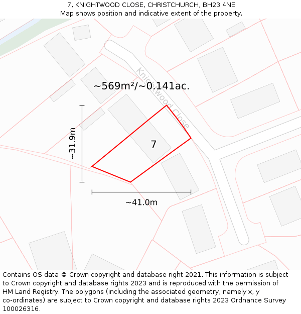 7, KNIGHTWOOD CLOSE, CHRISTCHURCH, BH23 4NE: Plot and title map