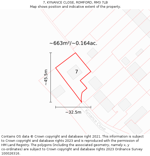 7, KYNANCE CLOSE, ROMFORD, RM3 7LB: Plot and title map