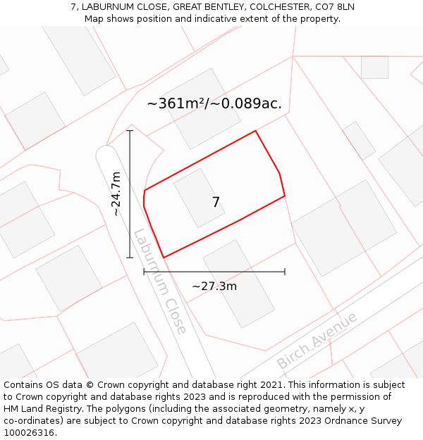 7, LABURNUM CLOSE, GREAT BENTLEY, COLCHESTER, CO7 8LN: Plot and title map