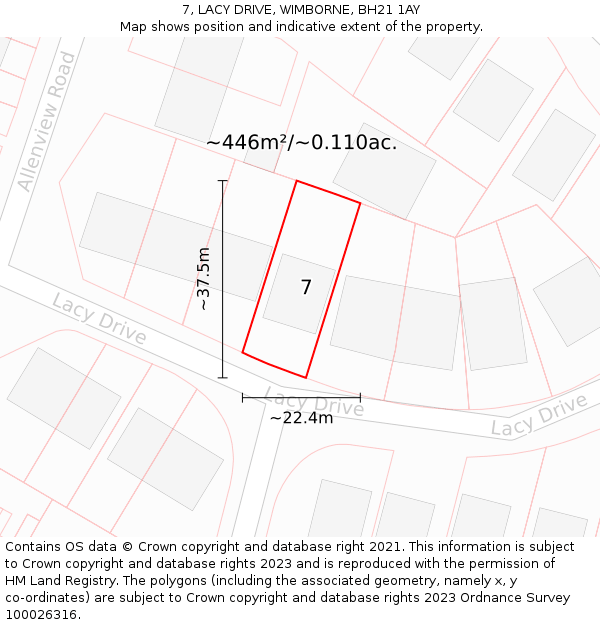 7, LACY DRIVE, WIMBORNE, BH21 1AY: Plot and title map