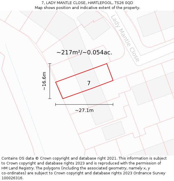 7, LADY MANTLE CLOSE, HARTLEPOOL, TS26 0QD: Plot and title map