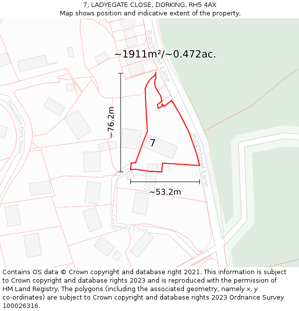 7, LADYEGATE CLOSE, DORKING, RH5 4AX: Plot and title map