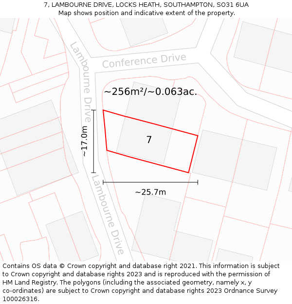 7, LAMBOURNE DRIVE, LOCKS HEATH, SOUTHAMPTON, SO31 6UA: Plot and title map