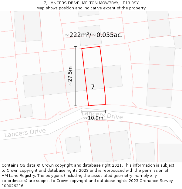 7, LANCERS DRIVE, MELTON MOWBRAY, LE13 0SY: Plot and title map