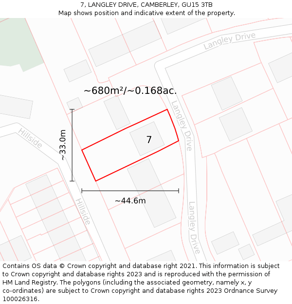 7, LANGLEY DRIVE, CAMBERLEY, GU15 3TB: Plot and title map