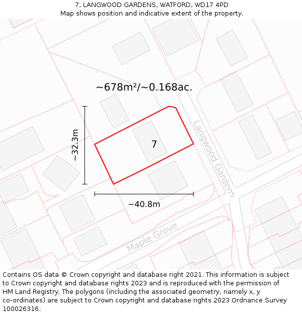 7, LANGWOOD GARDENS, WATFORD, WD17 4PD: Plot and title map