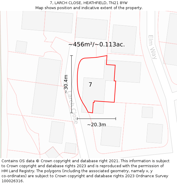 7, LARCH CLOSE, HEATHFIELD, TN21 8YW: Plot and title map